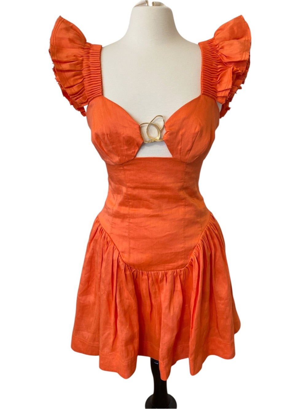 Aje Simone Frill Sleeve Mini Dress Orange Linen Blend Corset Size 8